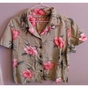Caribbean Joe Green Hawaiian Tropical Floral Button Shirt Women's Medium